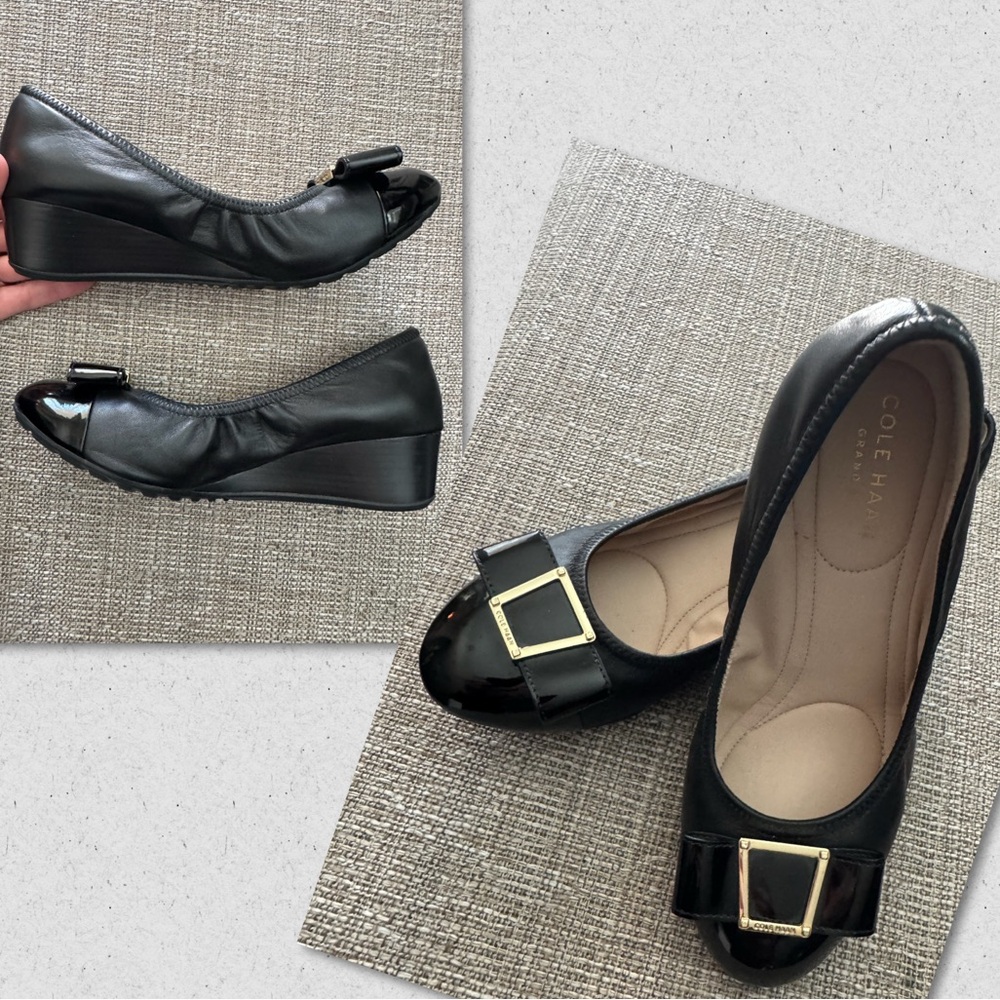 Cole Haan Black Wedge Ballet Flats with Gold Buckle